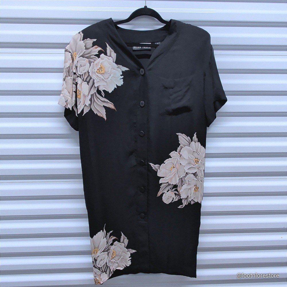 Linda Allard Ellen Tracy Size 12 Womens Black Silk Floral Button Front Blouse — photo 2